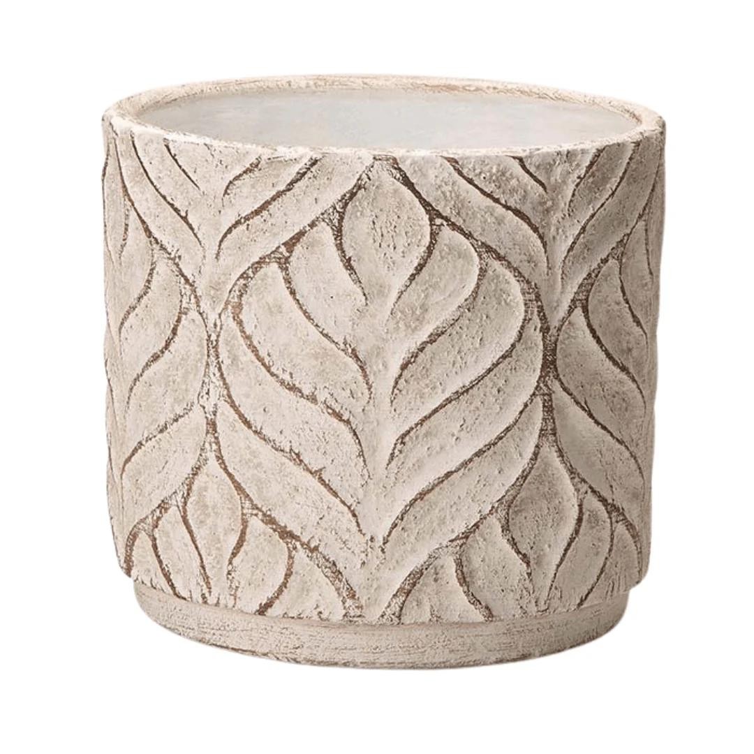 Vaso Cachepot em Cimento Detalhes Folhas Branco 17cm