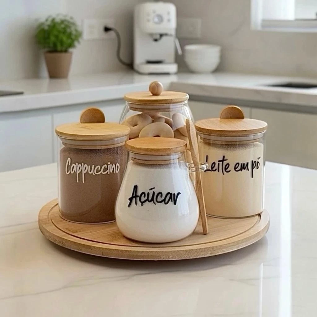KIT 5 PEÇAS POTES DE VIDRO E BAMBU E BANDEJA GIRATÓRIA
